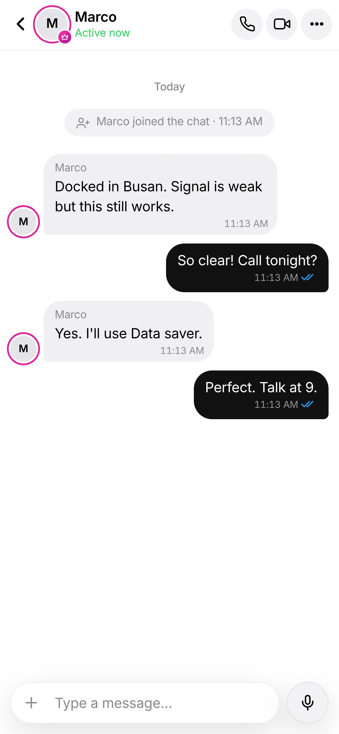 A WhisperLite conversation between Ana and Marco