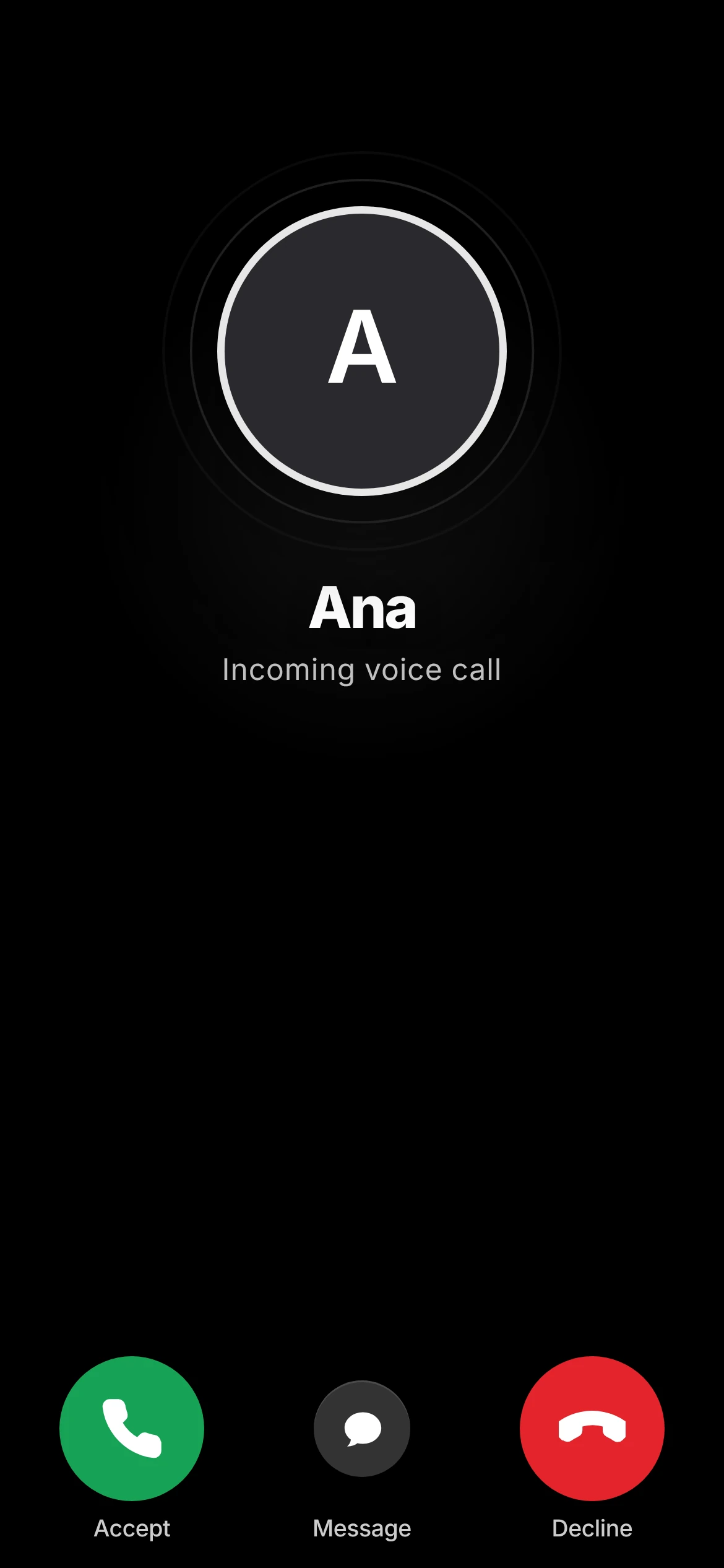 Incoming voice call with Accept, Message and Decline