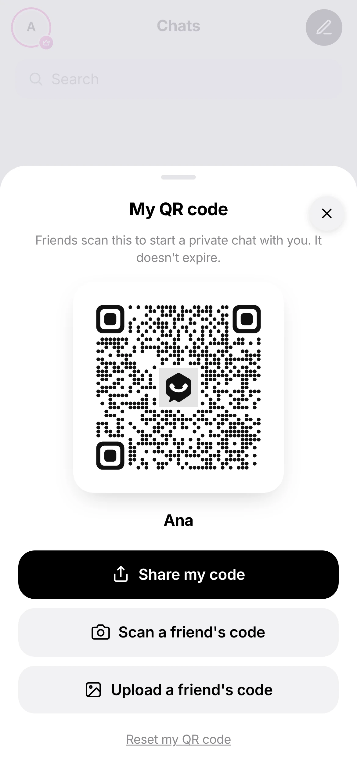 My QR code sheet with Share my code and Scan a friend's code