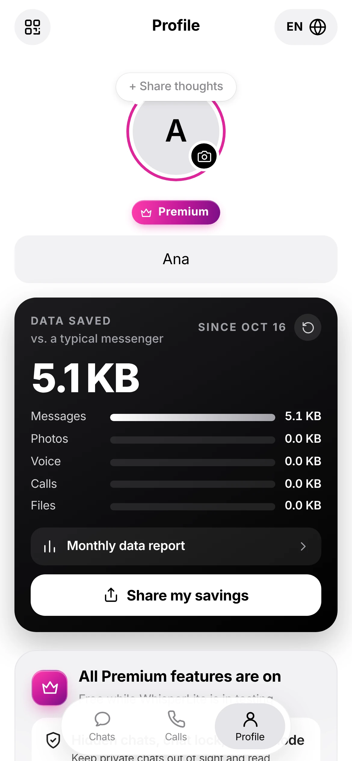 WhisperLite profile showing data saved by messages, photos, voice, calls and files